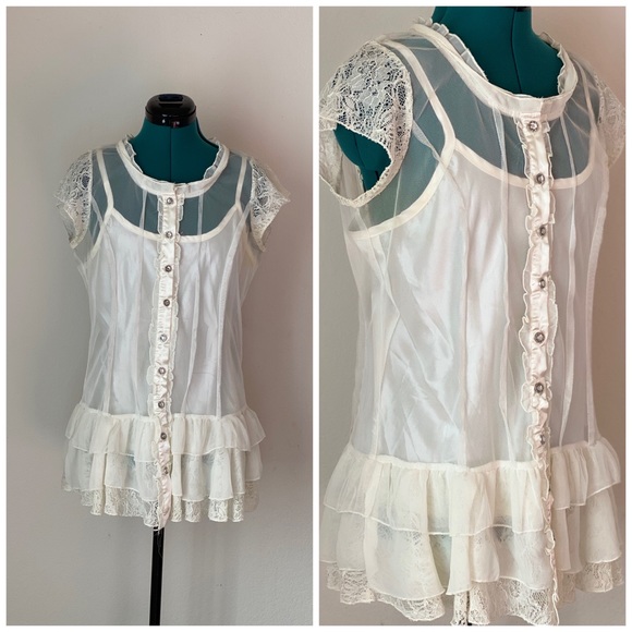 paper tee Tops - White Babydoll  Rhinestone button-up silk blouse L